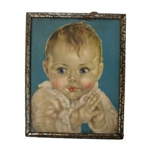 Vtg Framed Print Charlotte Becker Now I Lay Me Praying Child Boy Baby Decor 4x5